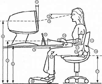 робоче місце і робоча поза користувача комп'ютера:
1 - кут екрана; 2 - кут огляду (зору); 3 - відстань огляду; 4 - висота середини екрана; 5 - висота клавіатури; 6 - висота столу; 7 - відстань колін від столу; 8 - підставка для ніг; 9 - підставка для документів; 10 - положення рук; 11 - кут ліктів; 12 - спинка крісла; 13 - підлокітник; 14 - опора для попереку; 15 - кут колін; 16 - кут спинки крісла; 17 - висота сидіння
