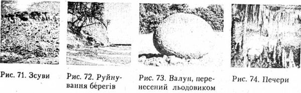 зсуви, руйнування берегів, валун перенесений льодовиком, печери